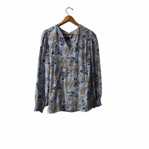 Talbots Paisley Floral Blouse Size Large Blue Boho Long Sleeve Top